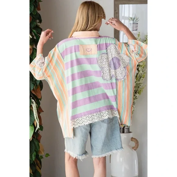 Oli & Hali Mixed Striped Flower Patched Oversized Polo in Orange Mint